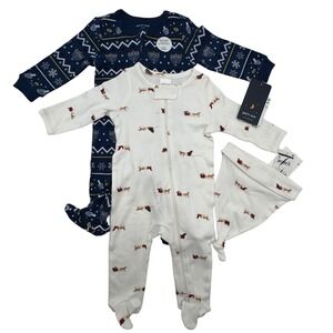 NEW Petit Lem Nordstrom Lot of 2 Baby 3M Sleepwear Footed Pajamas Holiday Sleigh